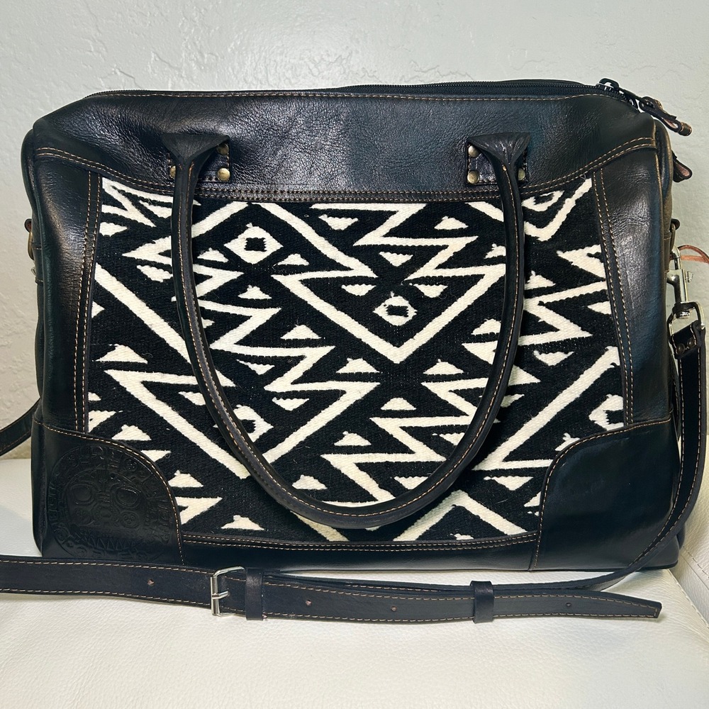 Leather Wool Aztec Weekender Duffel Bag | Boho Peruvian Tribal‎ Travel Bag